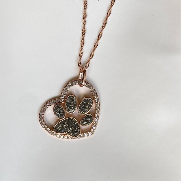 FAC Sparkly Crystal Paw Print Necklace Rose Gold Tone - Picture 3 of 8